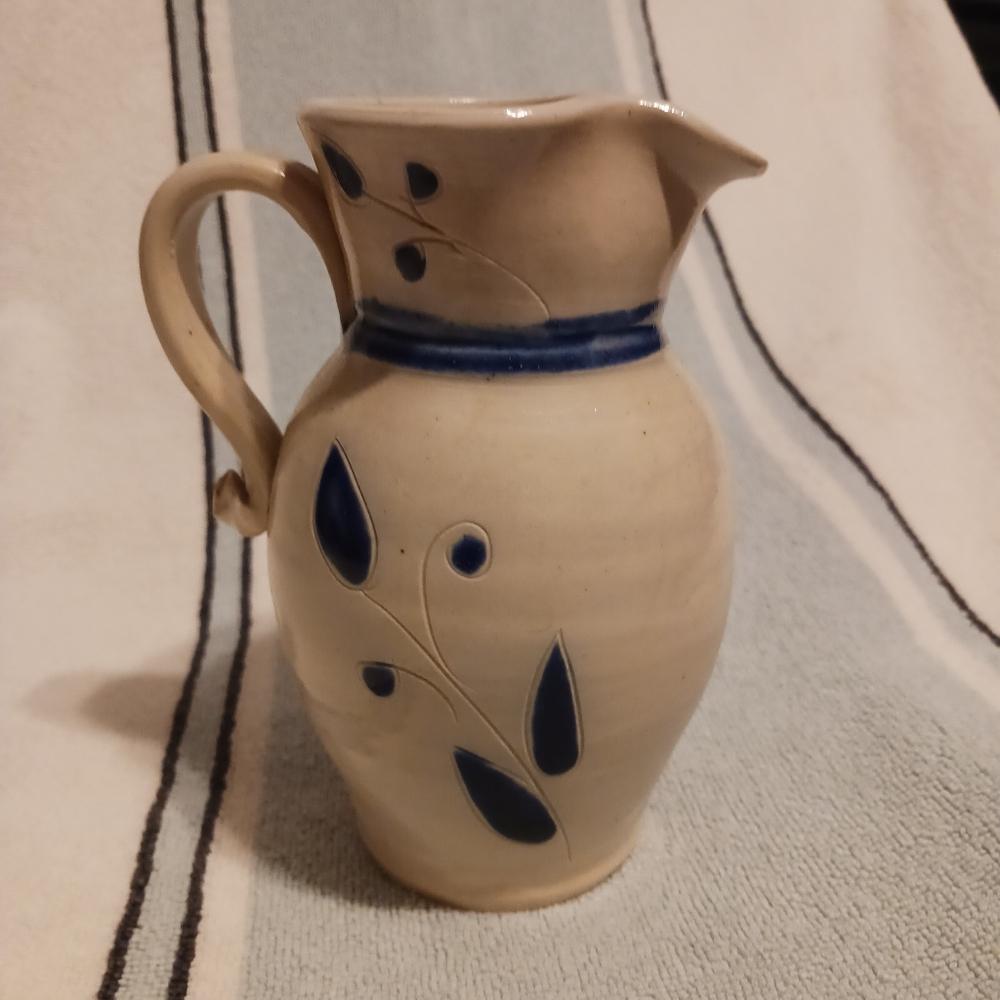 Salt Glazed Stoneware Mini Pitcher Eggshell/ Blue Simple Floral Design